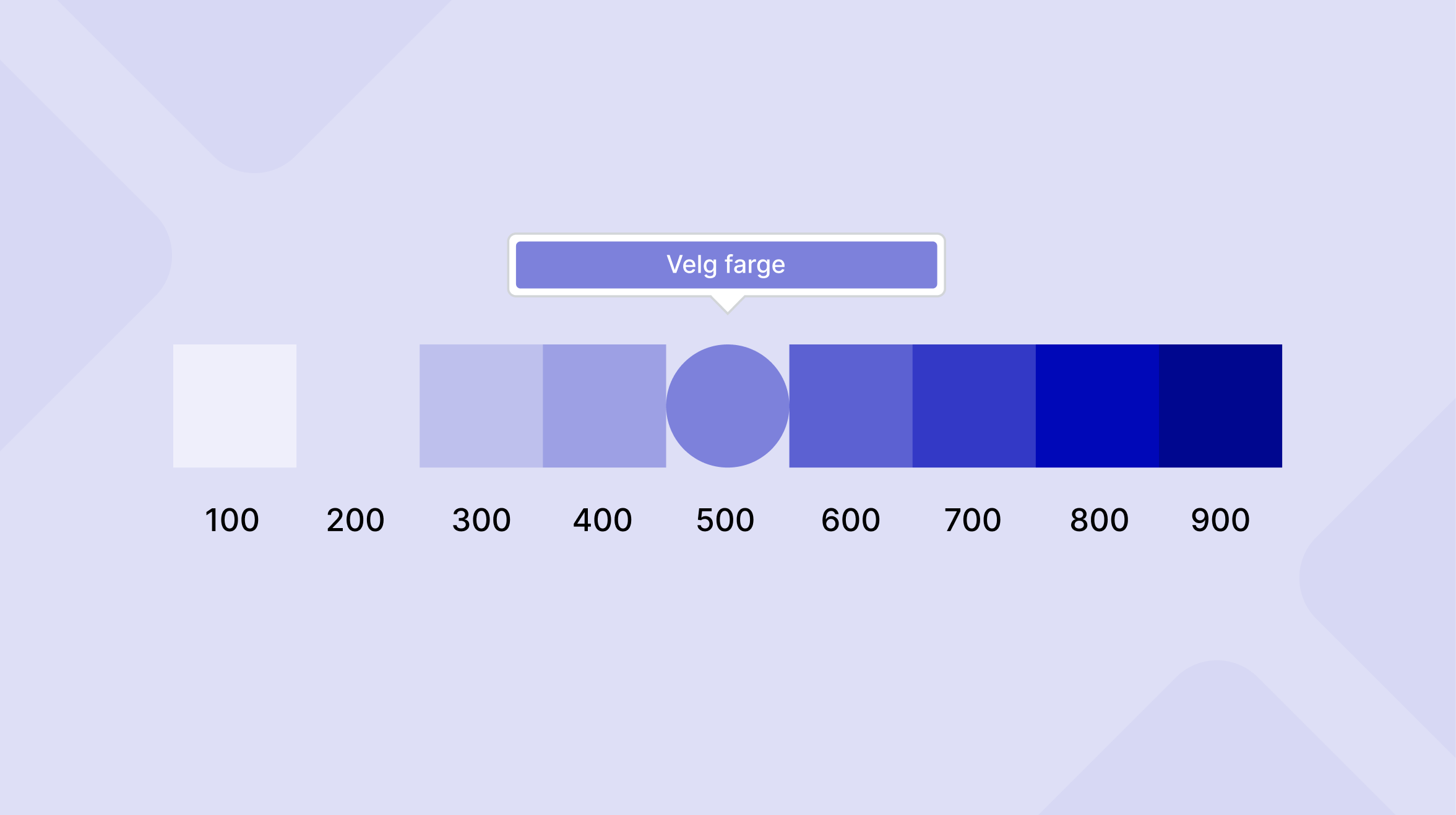 Illustrasjon av en lilla fargeskala som går fra 100-900. I midten av skalaen står det "Velg farge"